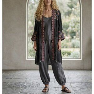 Johnny Was Embroidered Kimono Velvet Cardigan Floral Boho Jacket Size Medium